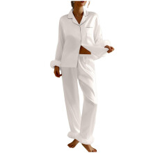 Women's satin pajama set, long-sleeved 2-piece casual-White M