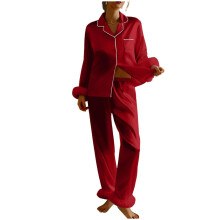 Women's satin pajama set, long-sleeved 2-piece casual-Red S