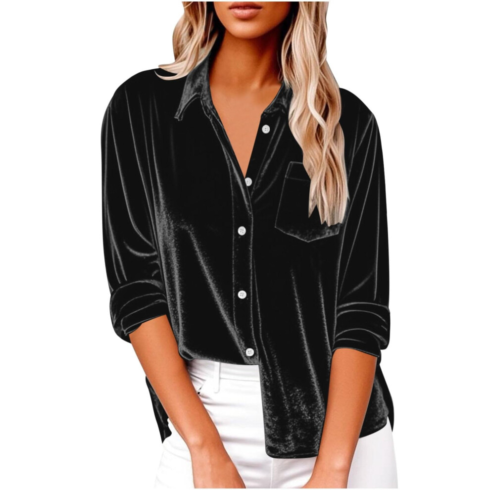 Black Women's Elegant Lapel Neck Shirt Long Sleeve Button- Xl