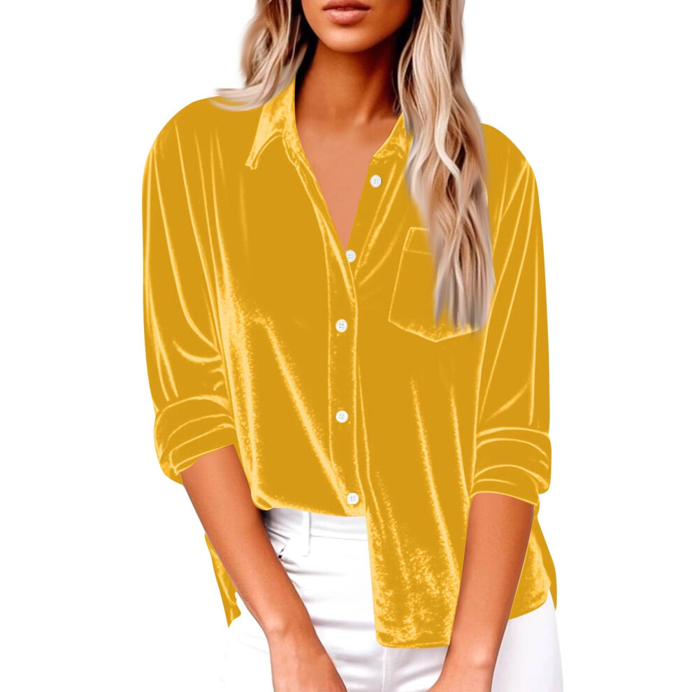 Yellow Women's Elegant Lapel Neck Shirt Long Sleeve Button- M