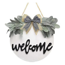 Wooden Welcome Sign Ornament Hello Sign with Bowknot Hanging Round Rustic Decor Seasonal Ornament