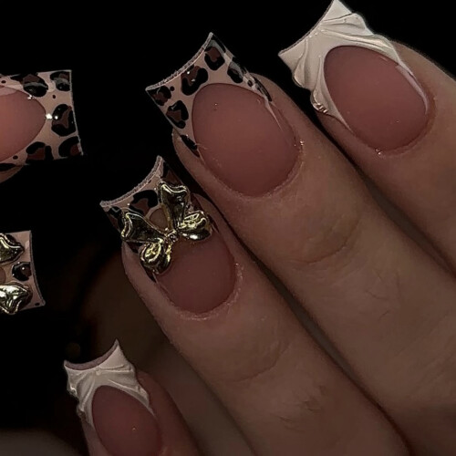 Reusable Press On Nail With Leopard Print 3D Bows Design 1
