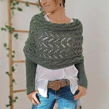 (Grey Green) Sweater Scarf with Sleeves - Knitted Cable Wrap with Sleeves for Women Cashmere Scarf Cable Knit Hollow Out Extended Double Sleeve