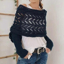 (Navy) Sweater Scarf with Sleeves - Knitted Cable Wrap with Sleeves for Women Cashmere Scarf Cable Knit Hollow Out Extended Double Sleeve