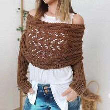 (Dark Brown) Sweater Scarf with Sleeves - Knitted Cable Wrap with Sleeves for Women Cashmere Scarf Cable Knit Hollow Out Extended Double Sleeve