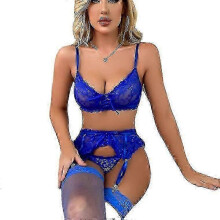 (XXL, Blue) European and American Sexy Lingerie Sexy Women's Garter Stockings Suit Three-Piece Sexy Lingerie - Ya,zxl