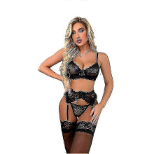 (L, Black) European and American Sexy Lingerie Sexy Women's Garter Stockings Suit Three-Piece Sexy Lingerie - Ya,zxl