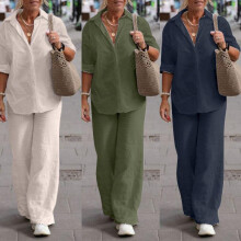 (pink, M) Women 2 Piece Outfits 2023 Notched Lapel Long Sleeve Button Down Blouse and Wide Leg Pants Set Casual Tops and Bottom Suit Fall Spring