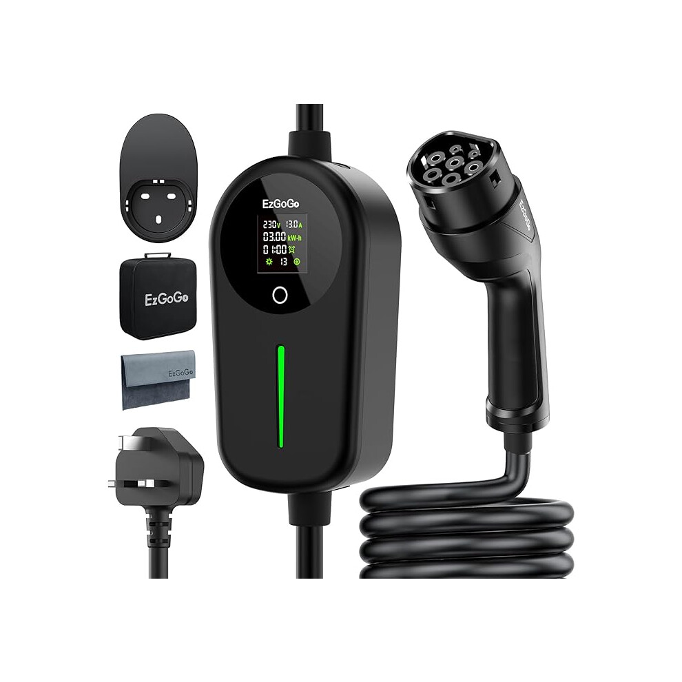 Ezgogo Ev Charger 3 Pin Plug 32.81Ft/10M Type 2 Charging Cable 3Kw, [6/8/10/13A] Electric Car Charger Ip65 Advanced Protection Car 1234568891278