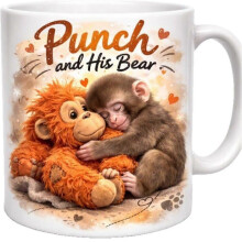 (2pcs) Punch and His Bear Mug, Cute Monkey with Orangutan Teddy Design, 11oz Ceramic Coffee Cup, Animal Lover Gift