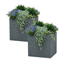 2 Large Square Brick Effect Planter Ash Grey Slate Plastic 38cm