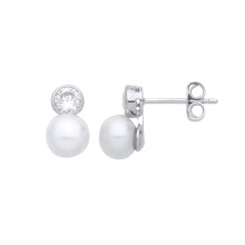 Jewelco London Ladies Rhodium Plated Sterling Silver Cream Pearl CZ Torch Helmet Snowman Solitaire Drop Earrings - EAG1266