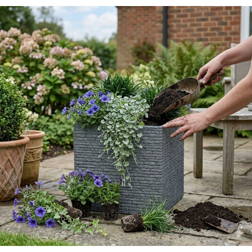 Strata 2 Large Square Brick Effect Planter Ash Grey Slate Plastic 38cm 2