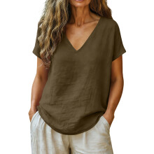 Stylish V Neck Short Sleeve Pullover Top For Women-brown M