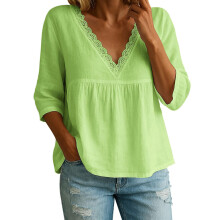 Womens 3/4 Sleeve Lace Trim V Neck Ruffle Shirts-light green M