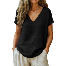 Stylish V Neck Short Sleeve Pullover Top For Women-Black L