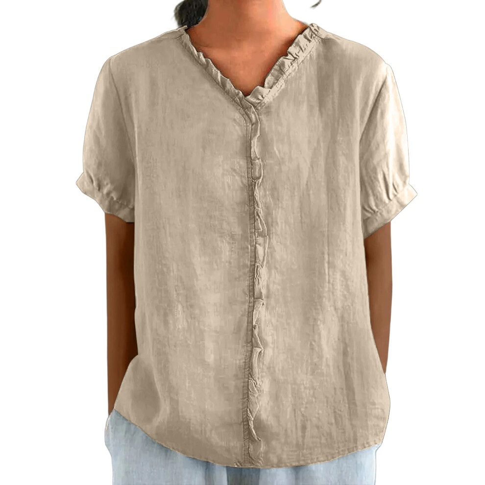 Black/White Women Short Sleeve Crewneck Color Casual Lightweight-Khaki Xl