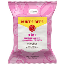 Burts Bees Micellar Rose Water Facial Towelettes, 100% Plant Based Cloth; 99% Natural Origin; Remove Makeup, Cleanse, Hydrate; 30 Count (Pack of 1)