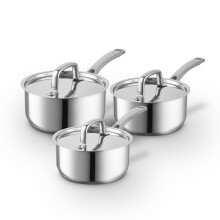 Sur La Table Core 3 Piece Saucepan Set with Lids, Riveted Steel Handles, Induction Compatible, 16cm/18cm/20cm Saucepans, Stainless Steel, SLT900224