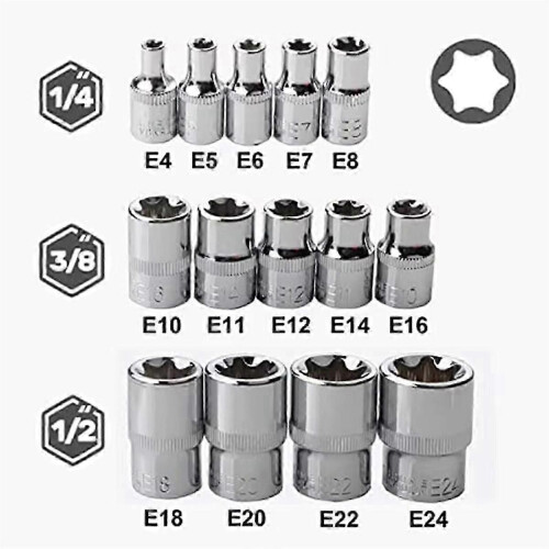 14PCS Female E Star Torx Socket Set (E4-E24) for European Market