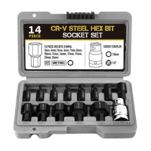 14-delige inbussleutelset met 1/2 inch aandrijving, inclusief 3-24 mm inbussleutels voor ratelschroevendraaiers.