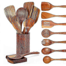 houten lepels om te koken, houten keukengerei met houder, teakhouten keukenset