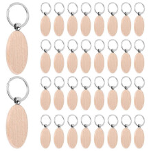 50 Pieces Wooden Keychain Oval Wood Engraving Blanks Unfinished Wooden Key Ring Key Tag for DIY Gift