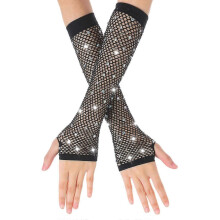 Rhinestones Long Fishnet Fingerless Gloves Fish Net Gloves Sparkly Glitter Fashion Opera Gloves For 80s Costume Evening Party, Halloween Cosplay Suppl