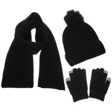 1 Set Winter Gloves Hat Scarf Women Costume Set Winter Warm Scarf Touchscreen Gloves Set for Riding Black