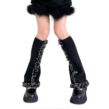 Punk Lolita Flared Leg Warmers Japanese Women Knitted Contrast Color Ruffled Patchwork Long Socks Boot Cuffs Foot Covers White