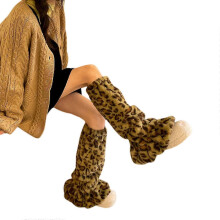 Leg Warmer Women Lolita Style Cute Cosplay Costume Leopard Grain Fluffy Plush Harajuku Fuzzy Winter Warm Ruffle Socks rose pink