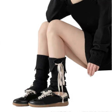 Scaldamuscoli da donna in maglia a coste stile coreano con risvolto, allacciatura con fiocco e spacco laterale, coprigambe e calze grigio chiaro