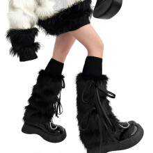 Dames gotische pluizige beenwarmers laarzenhoezen Harajuku schattige strik met lint, pluche legginghoes lange sokken streetwear wit