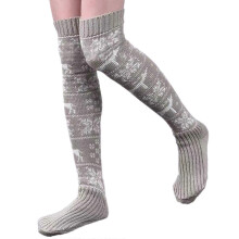 Calcetines largos de punto cálidos hasta la rodilla para mujer, con estampados navideños, medias hasta el muslo, calentadores de piernas blancos.