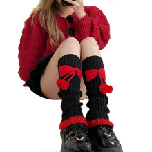 Ribbed Knitted Leg Warmers Socks Women Colorblock Cute Pompom Bowknot Ruffled Flared Hem Foot Cover Boot Cuffs Stockings black and white bow