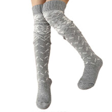 Scaldamuscoli natalizi da donna in maglia con lacci, calze sopra il ginocchio con motivo a fiocchi di neve, calze lunghe per stivali, rosso scuro