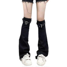 Calcetines largos acampanados hasta la rodilla con mangas de mezclilla negra desgastada con tiras de ojales para mujer, estilo Harajuku Y2K Punk.