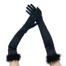 Long Sleeve Opera Show Gloves with Feather Cuffs for Women Satin Gloves 1920s Flapper Stretchy Elbow Length Easter Glove White