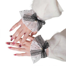 Manicotti romantici con perle artificiali, fiocco in nastro, polsini decorativi, maniche finte per un look elegante e alla moda, colore bianco.