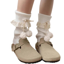 Lace Frilly Leg Warmer Women Lolitas Leg Warmer Knit Long Socks Harajuku Bows Lace Up Leg Cover Middle Tube Stockings light gray