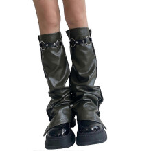 Women Punk Buckle Leather Leg Warmers Harajuku Grunge Leg Socks Side Buttons Wide Baggy Boot Covers Gaiters Streetwear cream gray