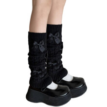 Women Japanese Aesthetic Elegant Cable Knit Leg Warmer Covers Sweet Bowknot Footless Calf Socks Boot Covers Streetwear light gray