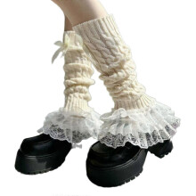 Cable Knit Leg Warmers Footless Socks with Bows Accent Women Sweet Layered Ruffled Lace Boot Cuffs Leg Covers Stockings rose red