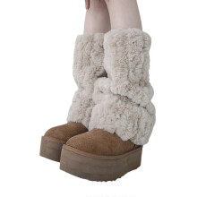 Women Furs Leg Warmer Winter Furry Long Boot Cuffs Fuzzy Shoe Cover Party Costume for Holiday Festival Performances Play apricot 40CM