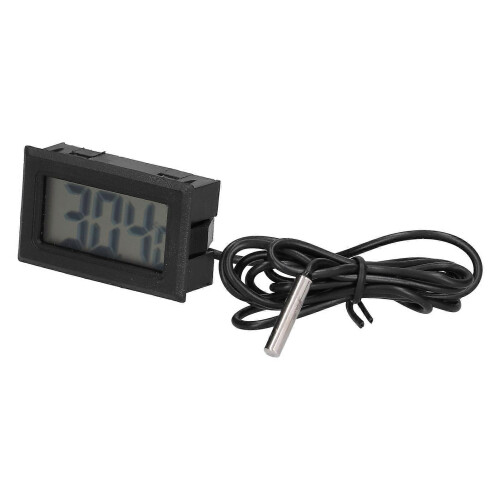 Termometro digitale elettronico in ABS nero con display LCD e sonda esterna.