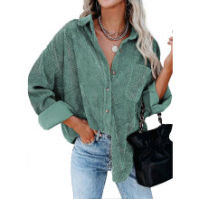 Damesblouse met lange mouwen van corduroy, effen kleur, V-hals en knoopsluiting, geschikt voor casual werk, kantoor, herfst en winter.