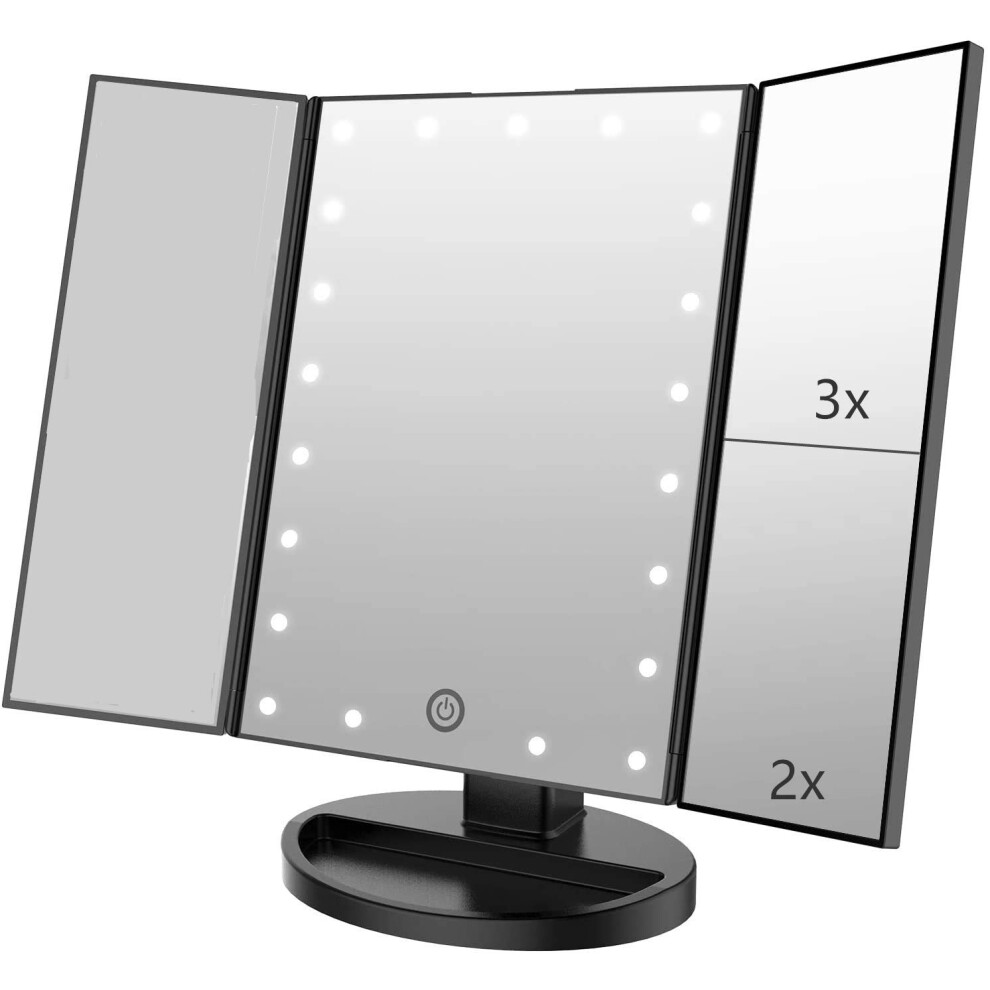 Flymiro Tri-Fold Lighted Vanity Makeup Mirror With 3X/2X Magnification,21 Leds Light And Touch Screen,180 Degree Free Rotation Countertop Cosmetic Mir