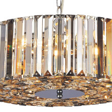 Lampadario Contemporaneo Chapeau Acciaio Cromo Vetro Ambra 5 Luci E27