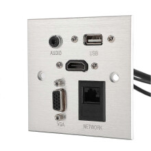 Multimedia-aansluiting van aluminiumlegering met USB-, HD-, VGA- en 3,5 mm-audioaansluiting, RJ45-netwerkaansluiting voor thuis, hotel en kantoor.