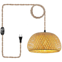 Hängeleuchte mit Stecker, Schalter, Juteseilkabel, Bambuslampenschirm, Rattan-Hängeleuchte, US-Stecker